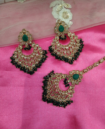 Green Kundan Chnadbali Rupinder Bollywood Earrings Tikka Set