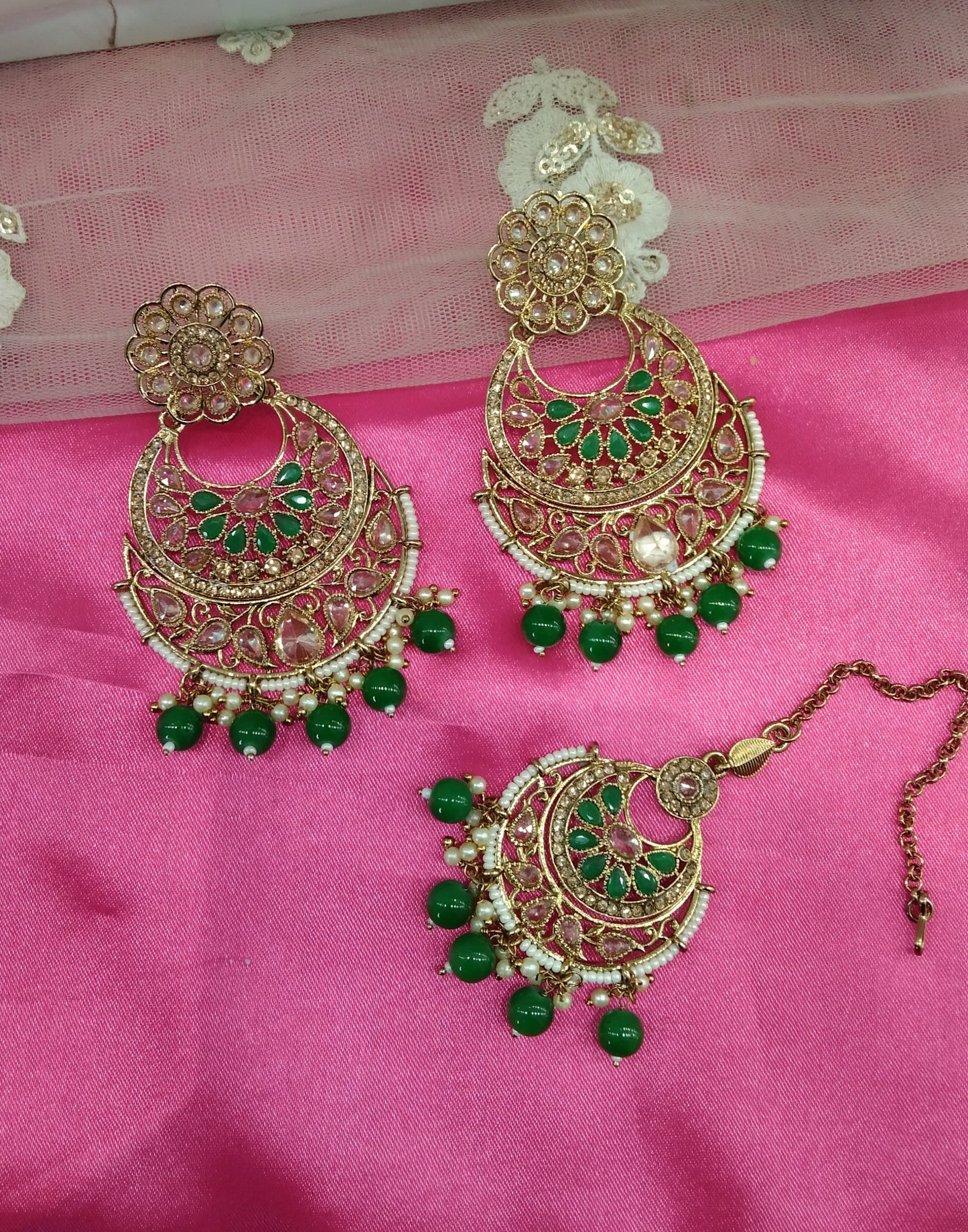 Green Champagne Gold Reet Bollywood Earrings Tikka Set