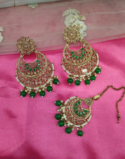Green Champagne Gold Reet Bollywood Earrings Tikka Set