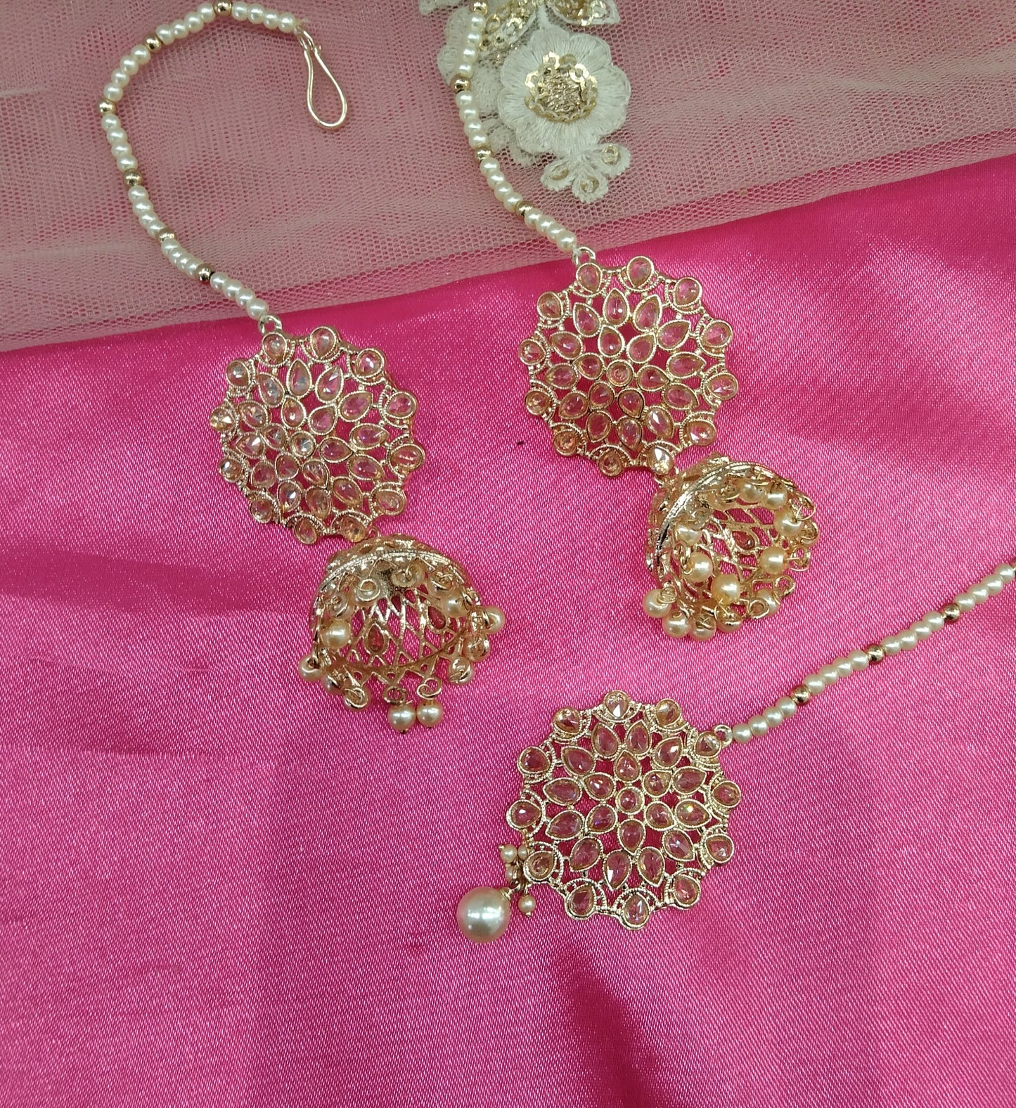 Champagne Gold Stone Jhumka Meena Bollywood Earrings Tikka Set