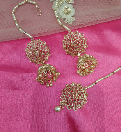 Champagne Gold Stone Jhumka Meena Bollywood Earrings Tikka Set