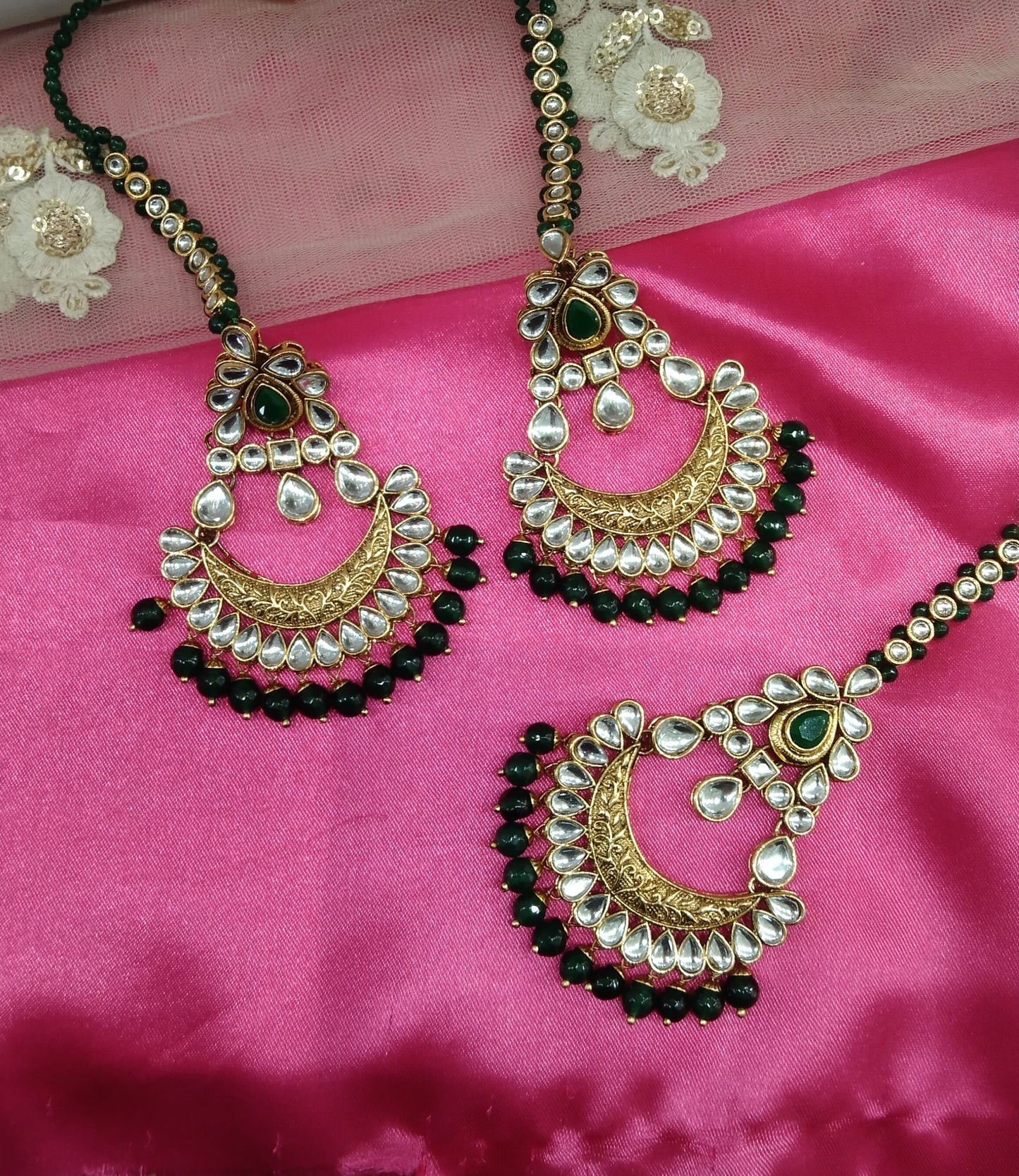 Green Kundan Chandbali Rupinder Bollywood Earrings Tikka Set