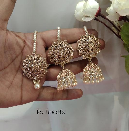 Champagne Gold Stone Jhumka Meena Bollywood Earrings Tikka Set
