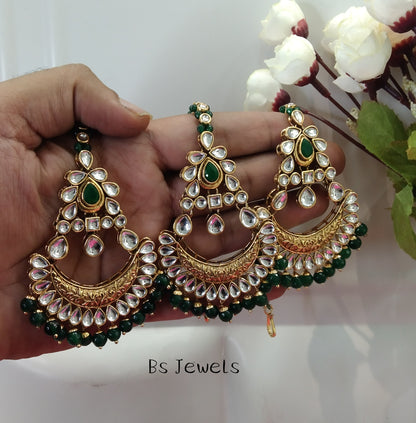 Green Kundan Chandbali Rupinder Bollywood Earrings Tikka Set