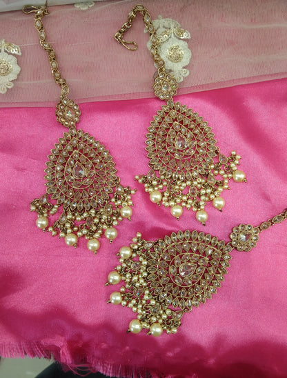 Champagne Gold Stone  Meena Bollywood Earrings Tikka Set