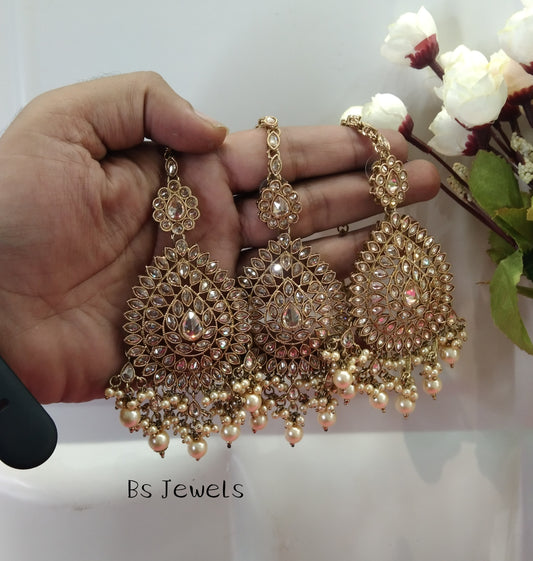 Champagne Gold Stone  Meena Bollywood Earrings Tikka Set