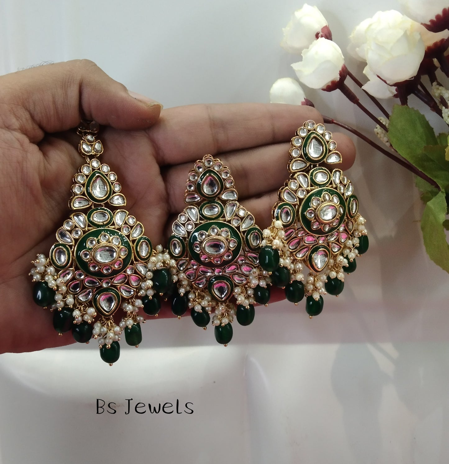 Green Kundan Rupinder Bollywood Earrings Tikka Set