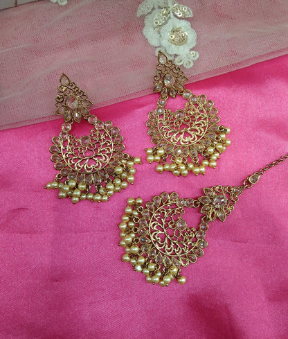 Champagne Gold Stone Chandbali Meena Bollywood Earrings Tikka Set