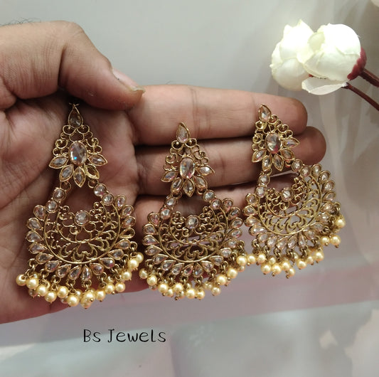 Champagne Gold Stone Chandbali Meena Bollywood Earrings Tikka Set