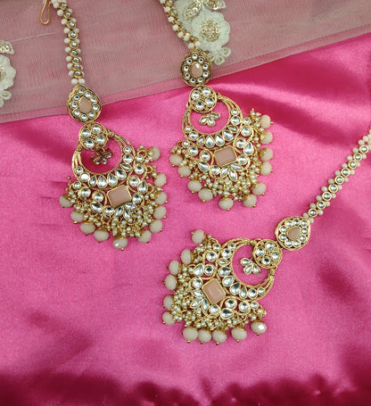 Peach Kundan Chandbali Group Bollywood Earrings Tikka Set