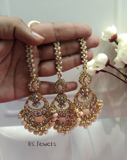 Peach Kundan Chandbali Group Bollywood Earrings Tikka Set