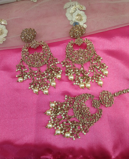 Champagne Gold Stone Chandbali Meena Bollywood Earrings Tikka Set