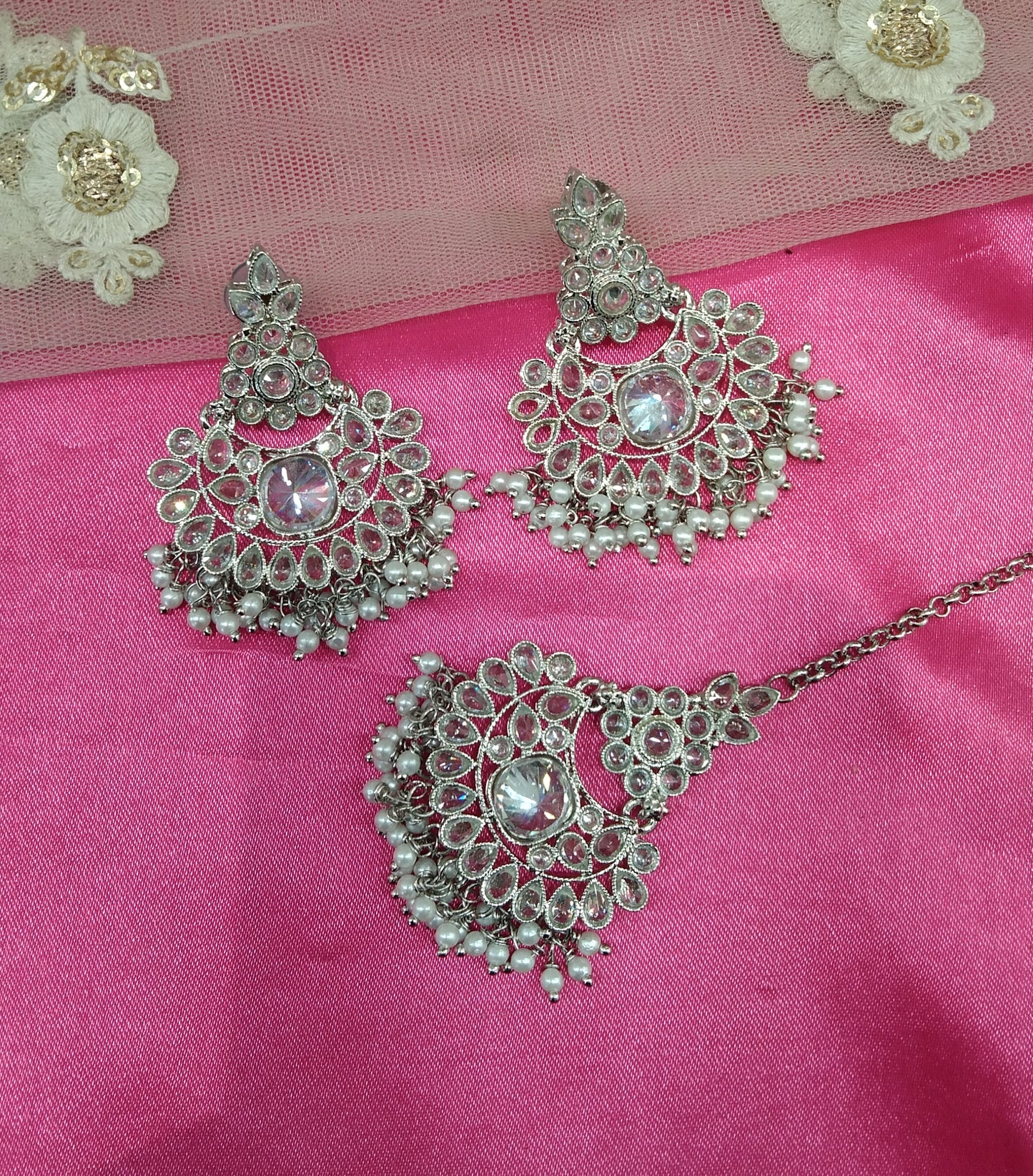 Silver White Chandbali Sahiba Bollywood Earrings Tikka Set