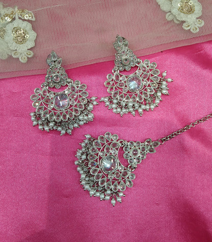 Silver White Chandbali Sahiba Bollywood Earrings Tikka Set