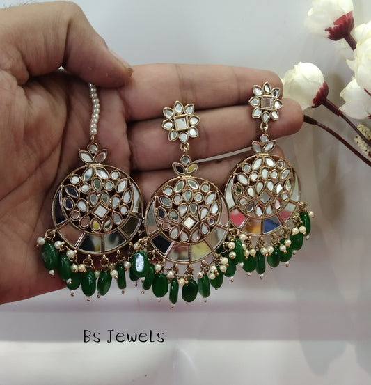 Green Mirror Kundan Chandbali Right Bollywood Earrings Tikka Set