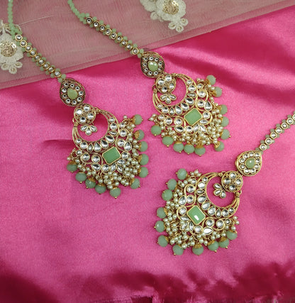 Pista Kundan Chandbali Group Bollywood Earrings Tikka Set