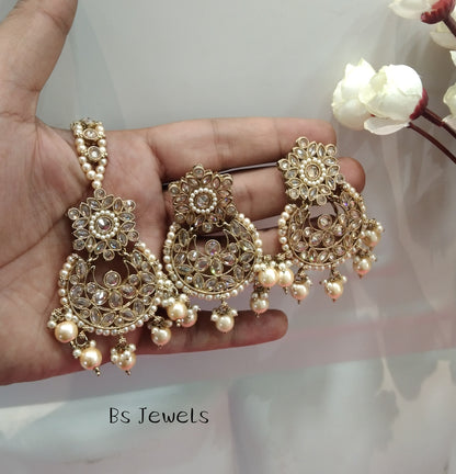 Champagne Gold Stone Chandbali Meena Bollywood Earrings Tikka Set