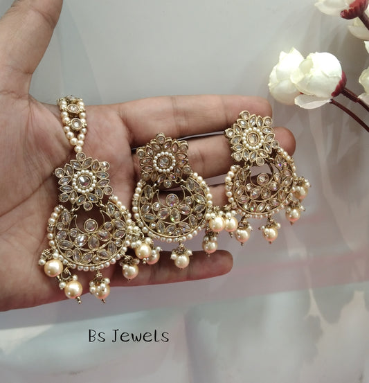 Champagne Gold Stone Chandbali Meena Bollywood Earrings Tikka Set