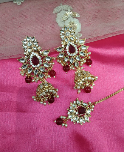 Maroon Kundan Jhumka Jedi Bollywood Earrings Tikka Set