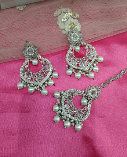 Silver White Chandbali Current Bollywood Earrings Tikka Set