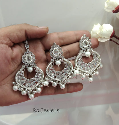 Silver White Chandbali Current Bollywood Earrings Tikka Set