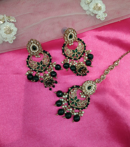 Green Champagne Gold  Chandbali Jhumka Support Bollywood Earrings Tikka Set