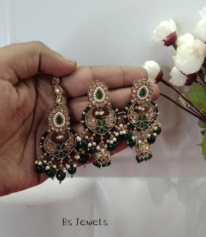 Green Champagne Gold  Chandbali Jhumka Support Bollywood Earrings Tikka Set