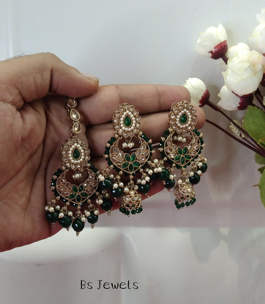 Green Champagne Gold  Chandbali Jhumka Support Bollywood Earrings Tikka Set