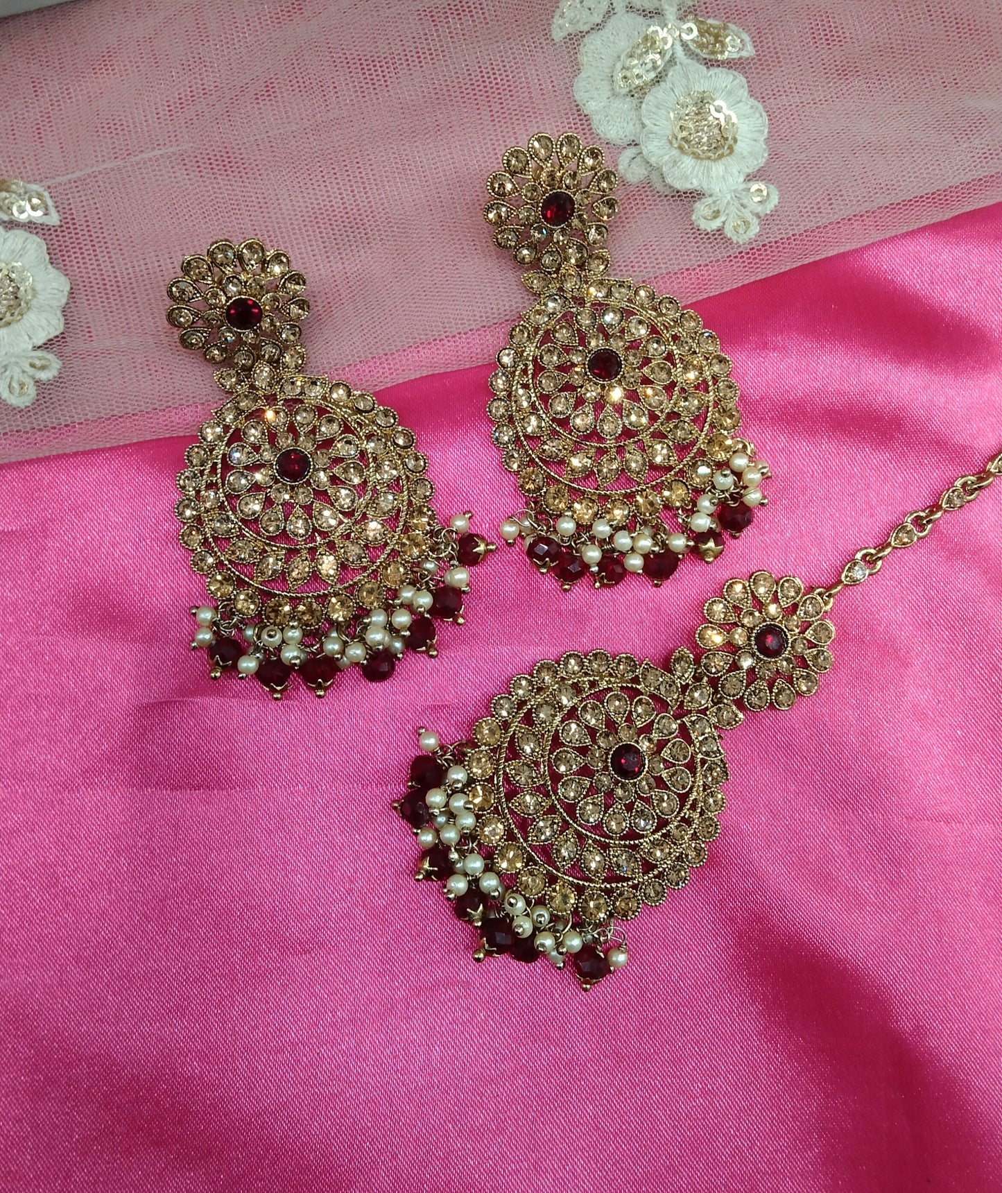 Maroon Kundan Chandbali Jedi Bollywood Earrings Tikka Set