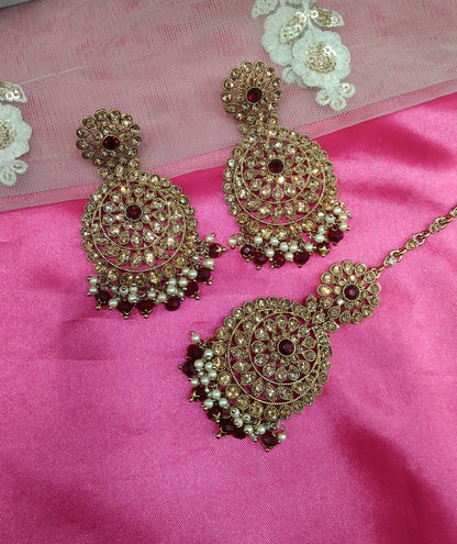 Maroon Kundan Chandbali Jedi Bollywood Earrings Tikka Set