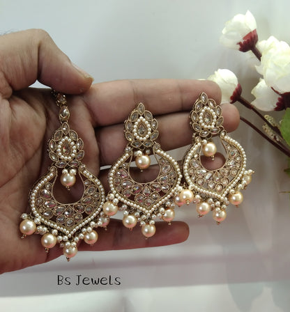 Antique Gold Chandbali Current Bollywood Earrings Tikka Set
