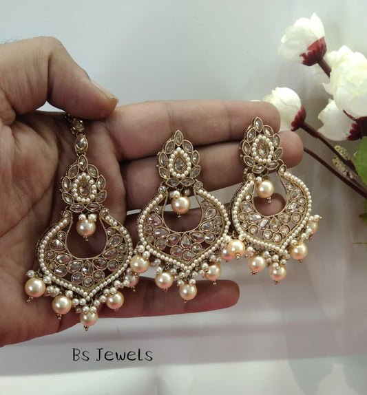 Antique Gold Chandbali Current Bollywood Earrings Tikka Set