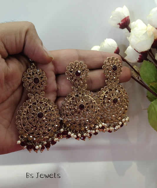 Maroon Kundan Chandbali Jedi Bollywood Earrings Tikka Set