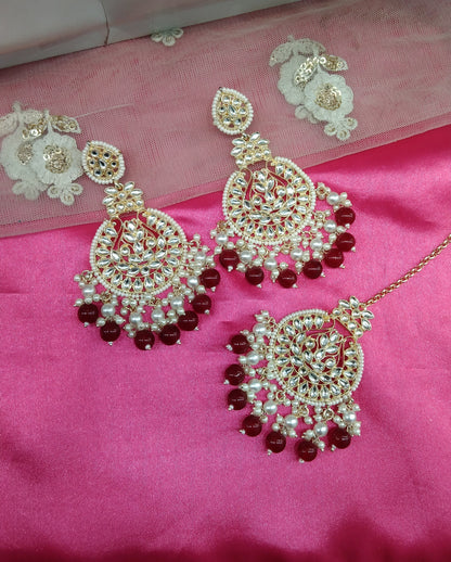 Maroon Kundan Tape Bollywood Earrings Tikka Set