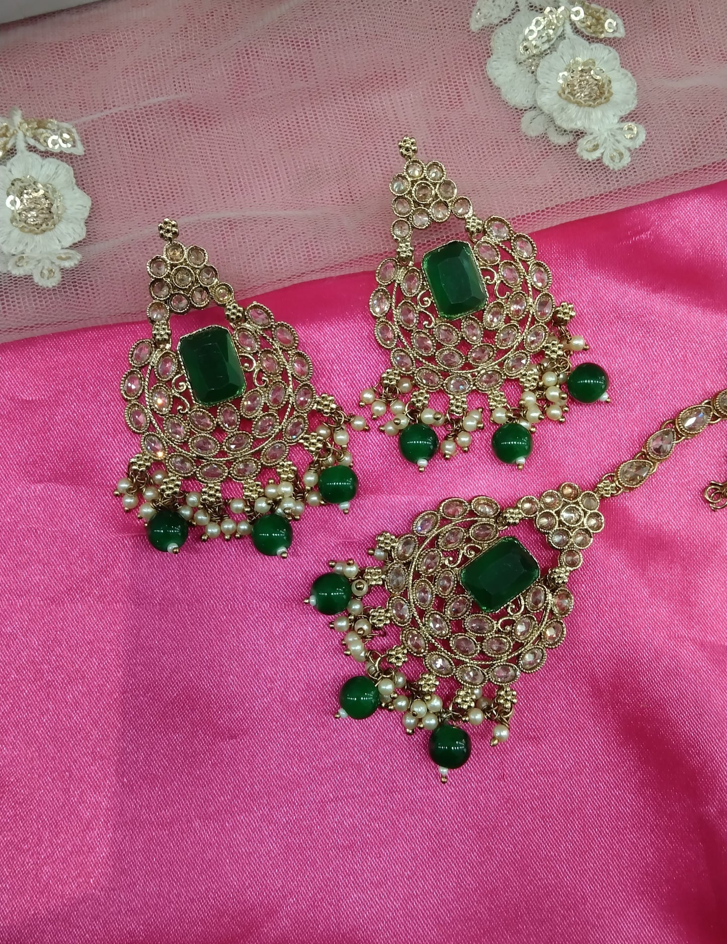 Green Champagne Stone  Chandbali Words Bollywood Earrings Tikka Set
