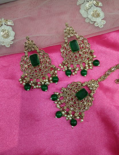 Green Champagne Stone  Chandbali Words Bollywood Earrings Tikka Set