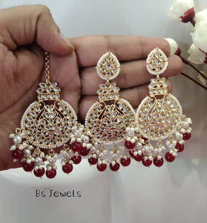 Maroon Kundan Tape Bollywood Earrings Tikka Set
