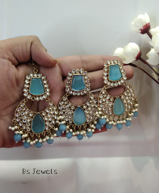 Firoja Kundan Chandbali Pulsar Bollywood Earrings Tikka Set