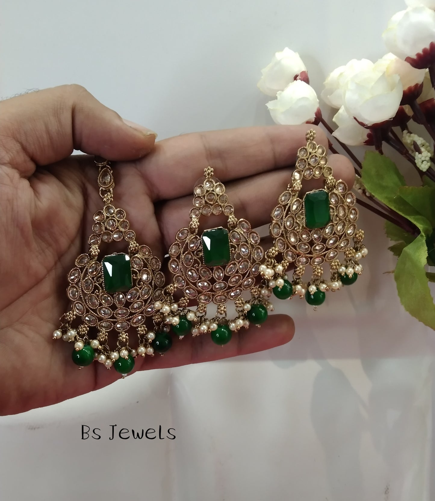 Green Champagne Stone  Chandbali Words Bollywood Earrings Tikka Set