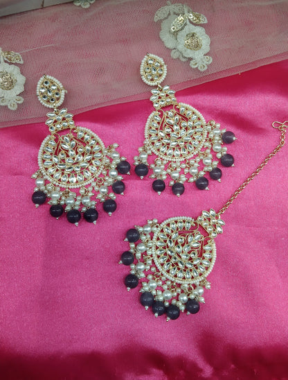 Grey Kundan Tape Bollywood Earrings Tikka Set