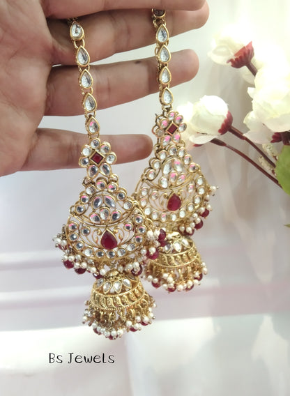 Maroon Kundan Chandbali Jhumka Jedi Bollywood Earrings Tikka Set
