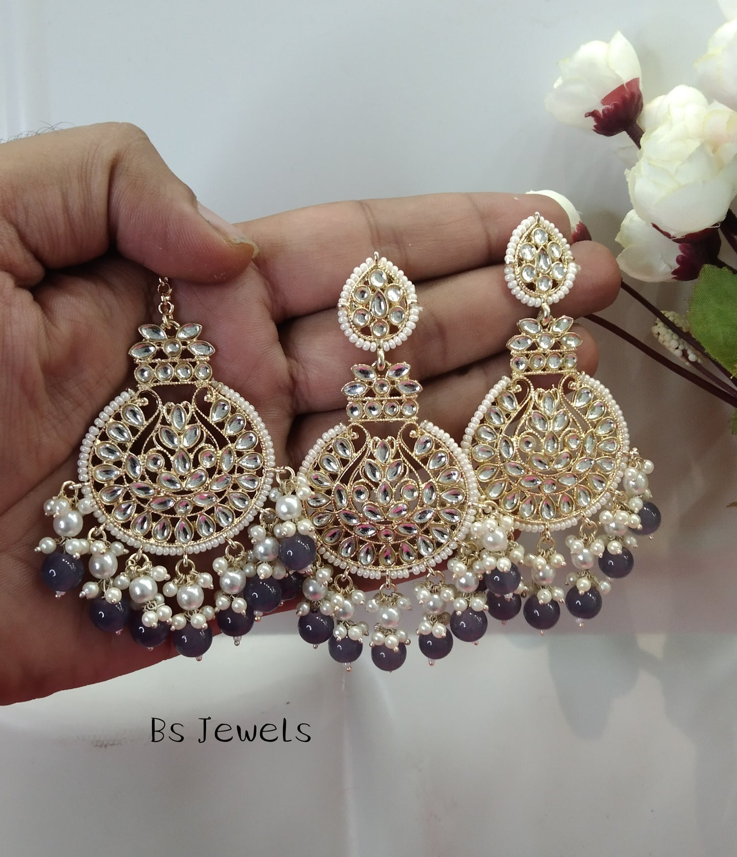 Grey Kundan Tape Bollywood Earrings Tikka Set