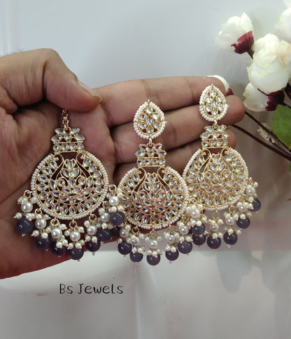 Grey Kundan Tape Bollywood Earrings Tikka Set