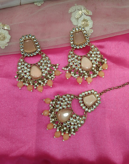 Peach Kundan Chandbali Pulsar Bollywood Earrings Tikka Set