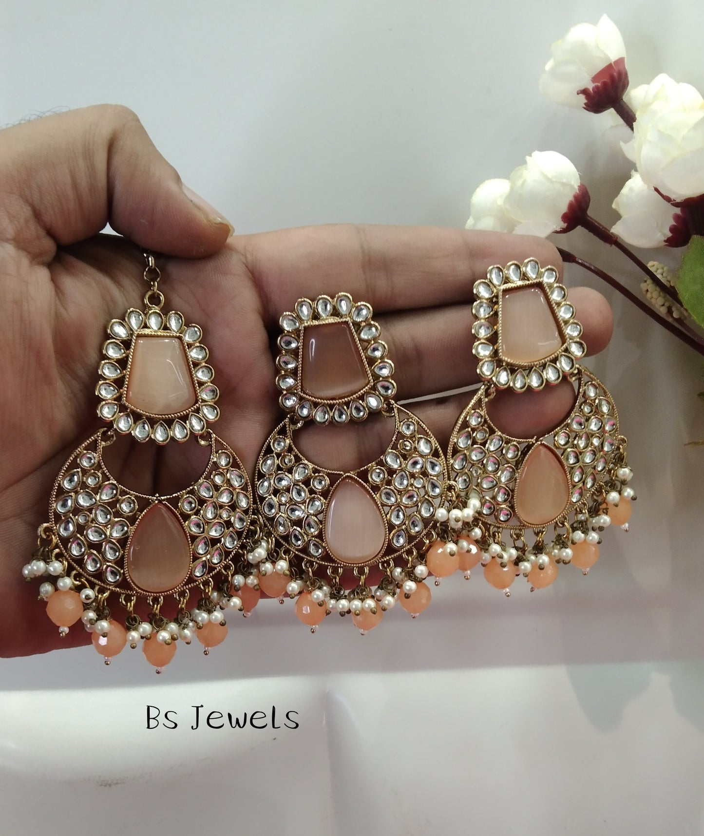 Peach Kundan Chandbali Pulsar Bollywood Earrings Tikka Set