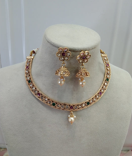 Gold Ruby Green Polki Jhumki Necklace Jewellery Active Set