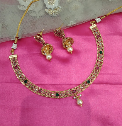 Gold Ruby Green Polki Jhumki Necklace Jewellery Active Set