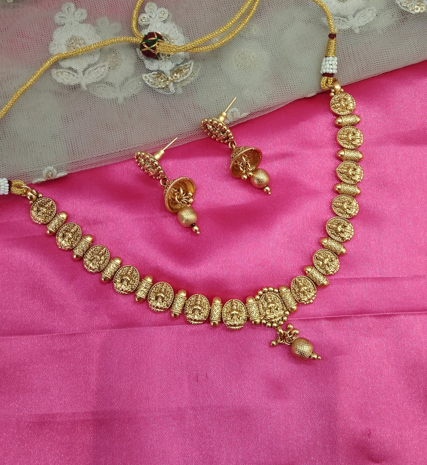 Gold Plat Polki Jhumki Necklace Jewellery Challa Set