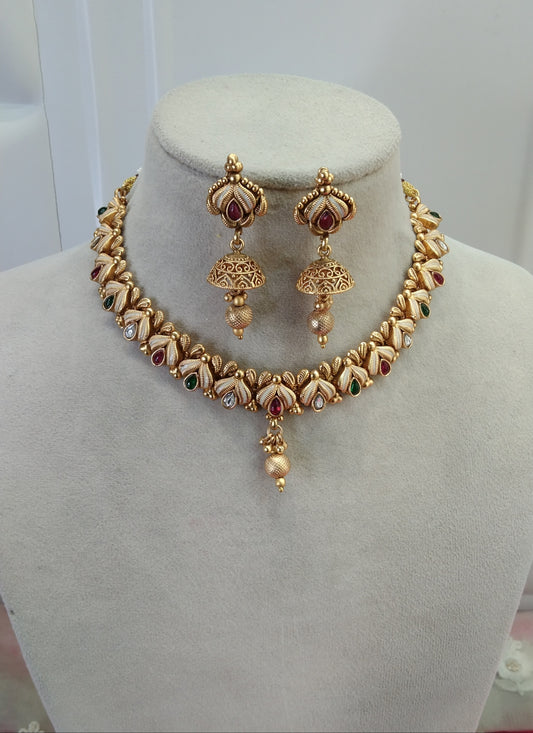 Gold Ruby Green Plat Polki Jhumki Necklace Jewellery Challa Set