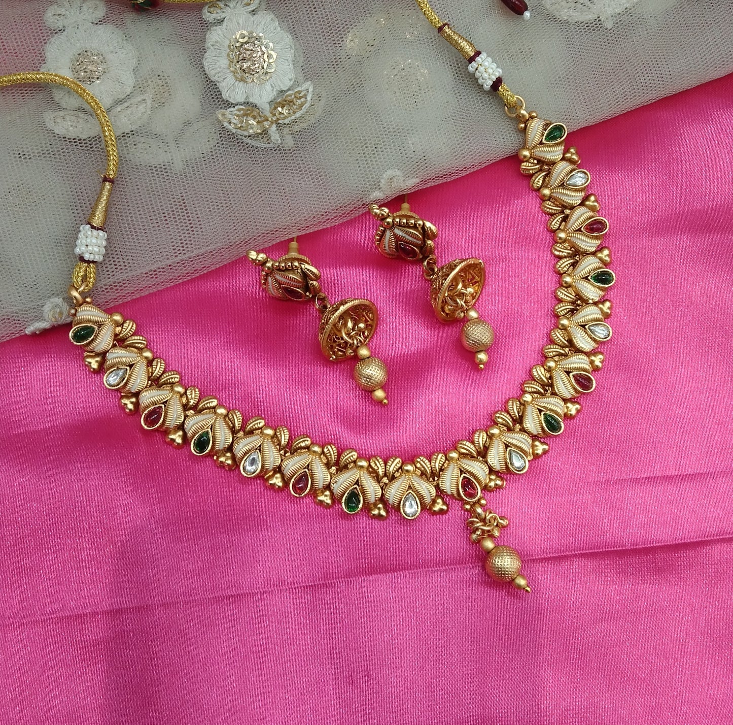 Gold Ruby Green Plat Polki Jhumki Necklace Jewellery Challa Set